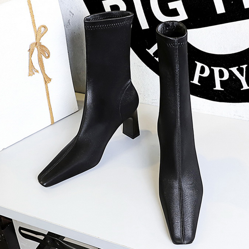 Shoe Tree - BIGTREEシューズ 秋冬ショートブーツ スクエアトゥ レザーブーツ レディースシューズ 太ヒール
